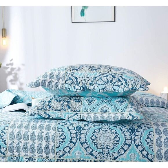 NEW! Beautiful Boho Teal and Navy Printed QUEEN Quilt Set Farmhouse Country - Picture 2 of 3
